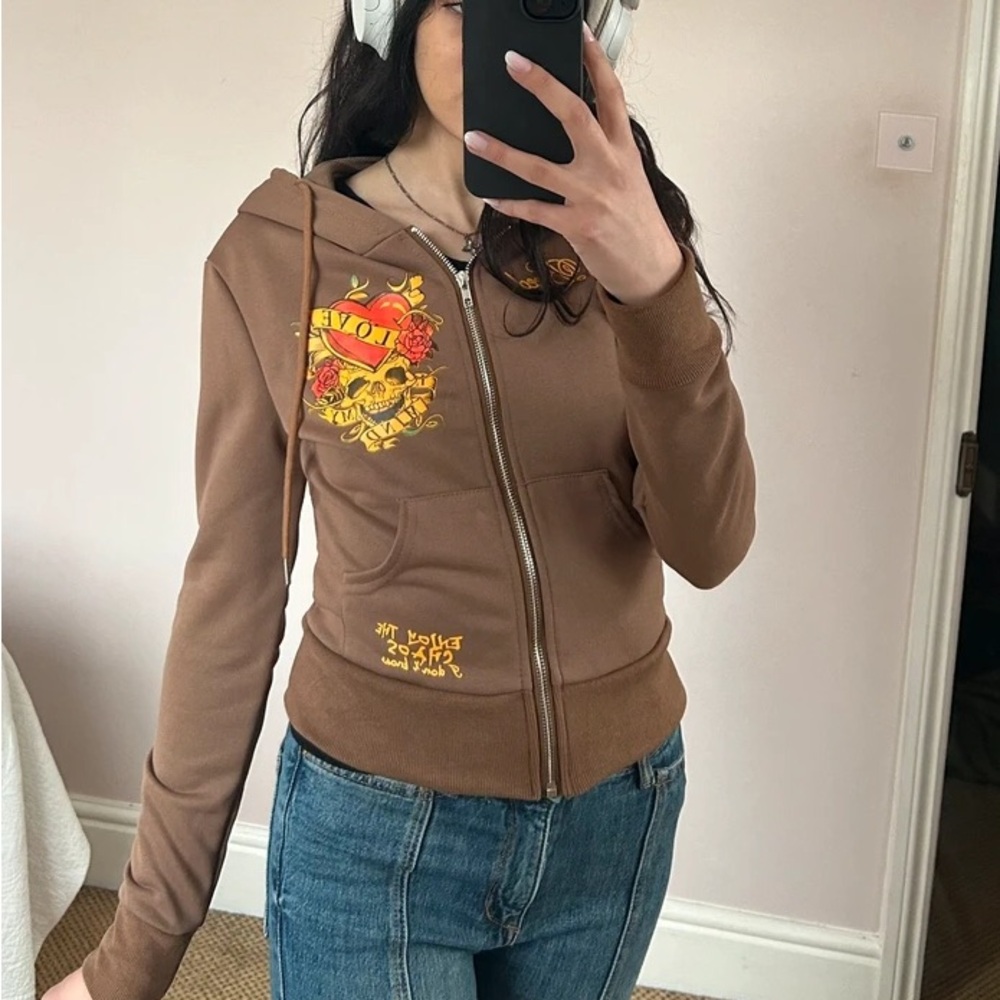 Brown Graphic Zip-Up Hoodie
